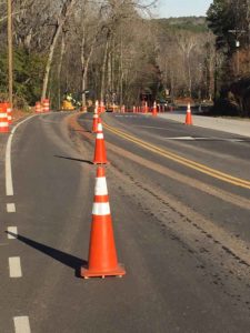 Traffic cones marking lane change